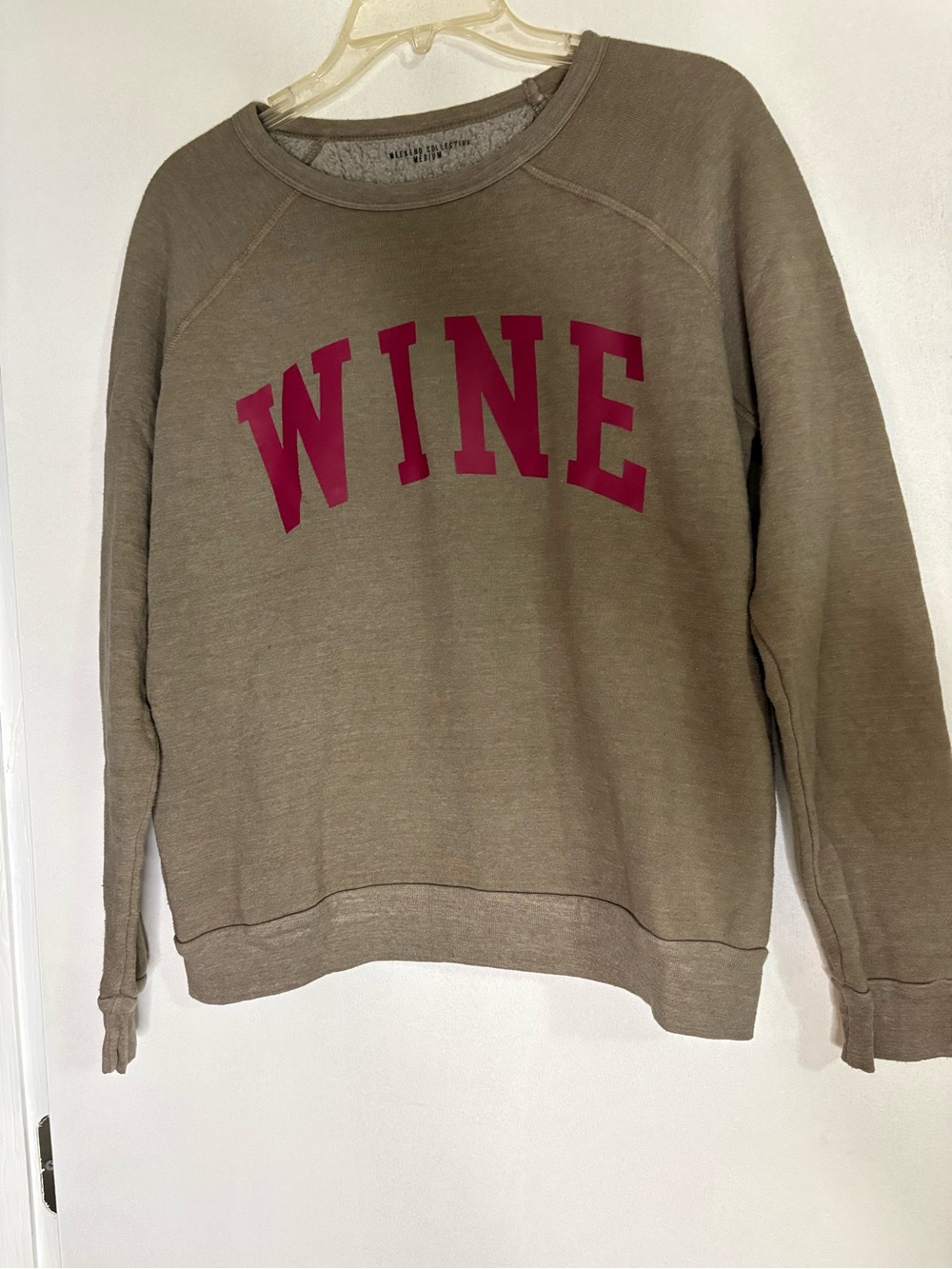 Taupe Crewneck Sweatshirt with Pink 'WINE' Graphic